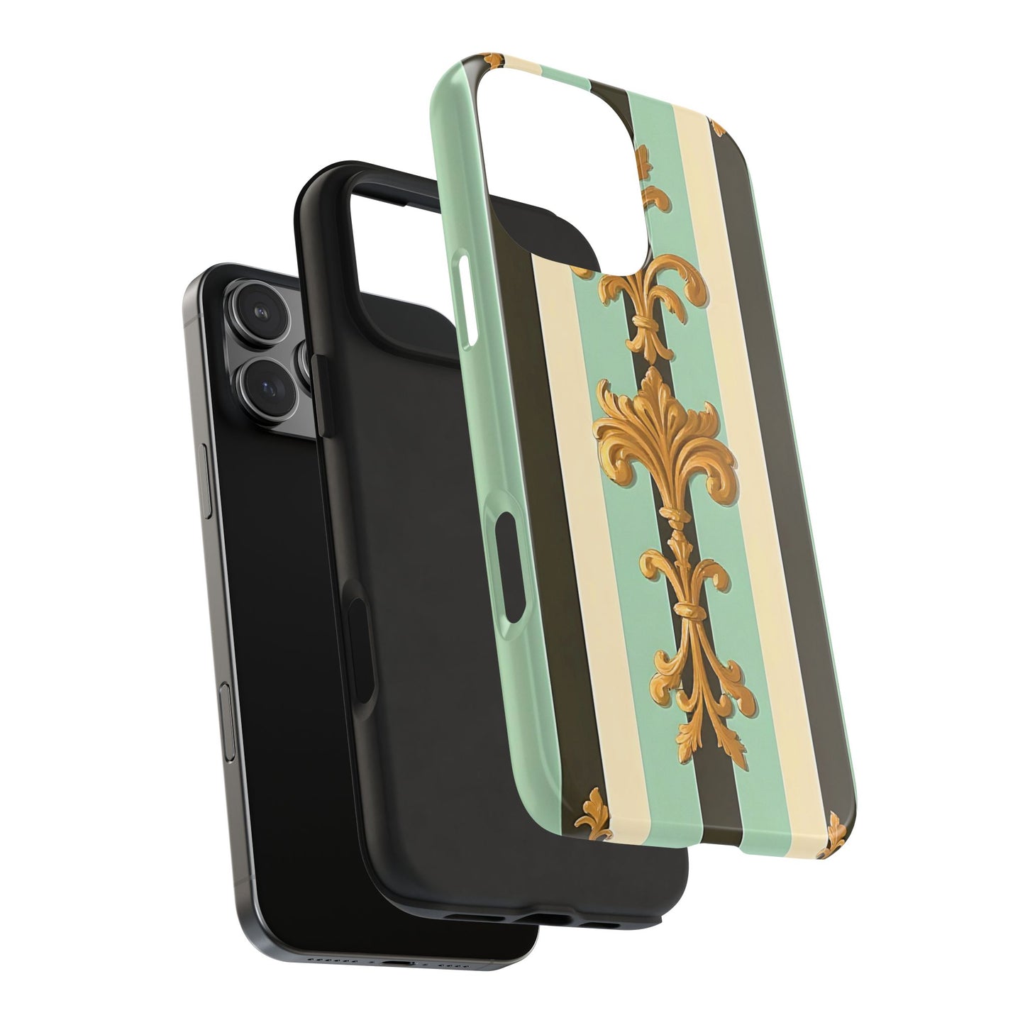 Elegant Floral Tough Phone Cases - Stylish Protection for All Occasions, Gifts for Her, Phone Covers - Black & Matte Mint Striped Rococo