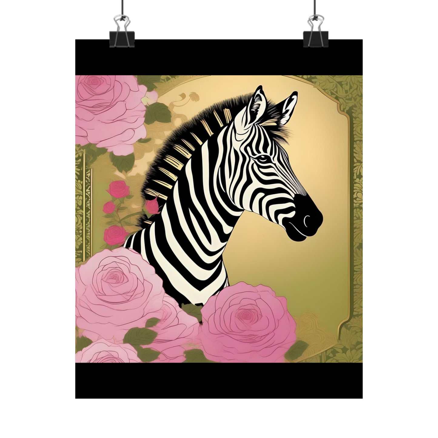 Floral Art Poster - Elegant Matte Vertical Wall Decor - Zebra With Roses In Pink & Olive