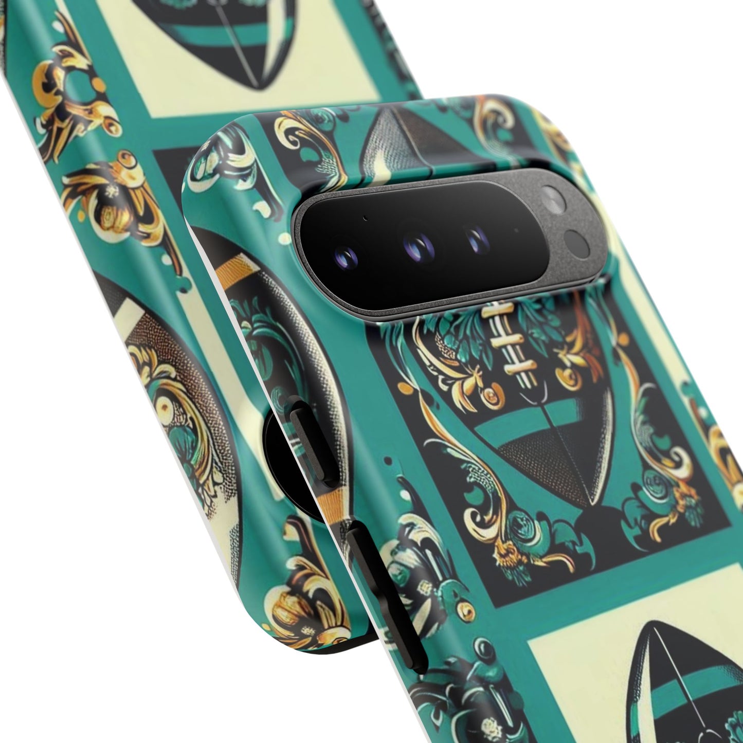 Elegant Floral Motif Phone Case - Tough Cases with Vintage Design -  Damask Teal, Gold & Black Footballs