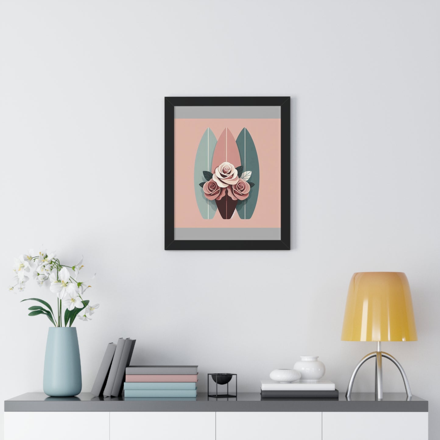 Vertical Poster - Burgundy, Matte Mauve & Teal Surfboard & Roses Wall Art