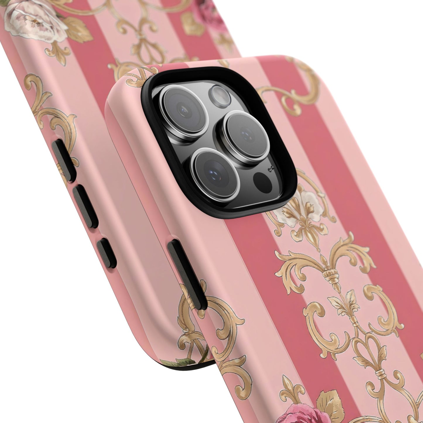 Elegant Floral Motif Phone Case - Tough Cases with Vintage Design - Pink Striped Roses & Damask