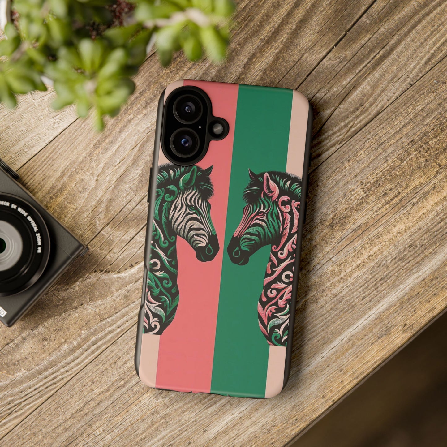 Phone Case - Elegant Pink & Green Zebra Damask Design