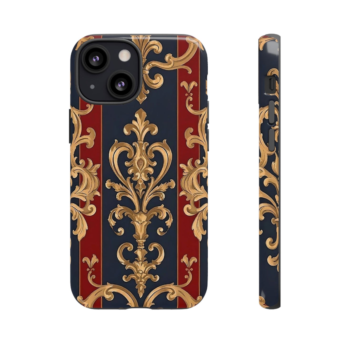Elegant Floral Motif Phone Case - Tough Cases with Vintage Design - Midnight Blue & Dusk Red Striped Gold Damask