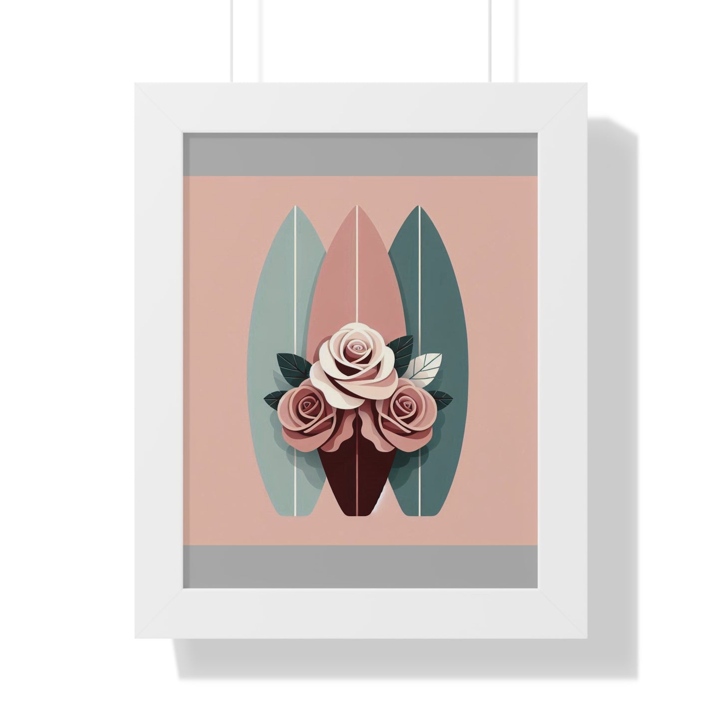 Vertical Poster - Burgundy, Matte Mauve & Teal Surfboard & Roses Wall Art