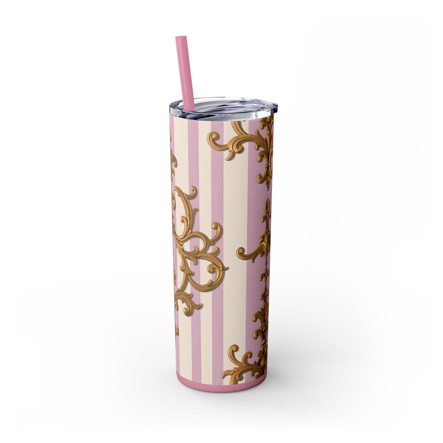 Elegant Pink Tumbler, Gold Patterned Travel Cup, Insulated Drink Holder, Stylish Coffee Tumbler - Lilac & Alabaster Striped Gold Baroque