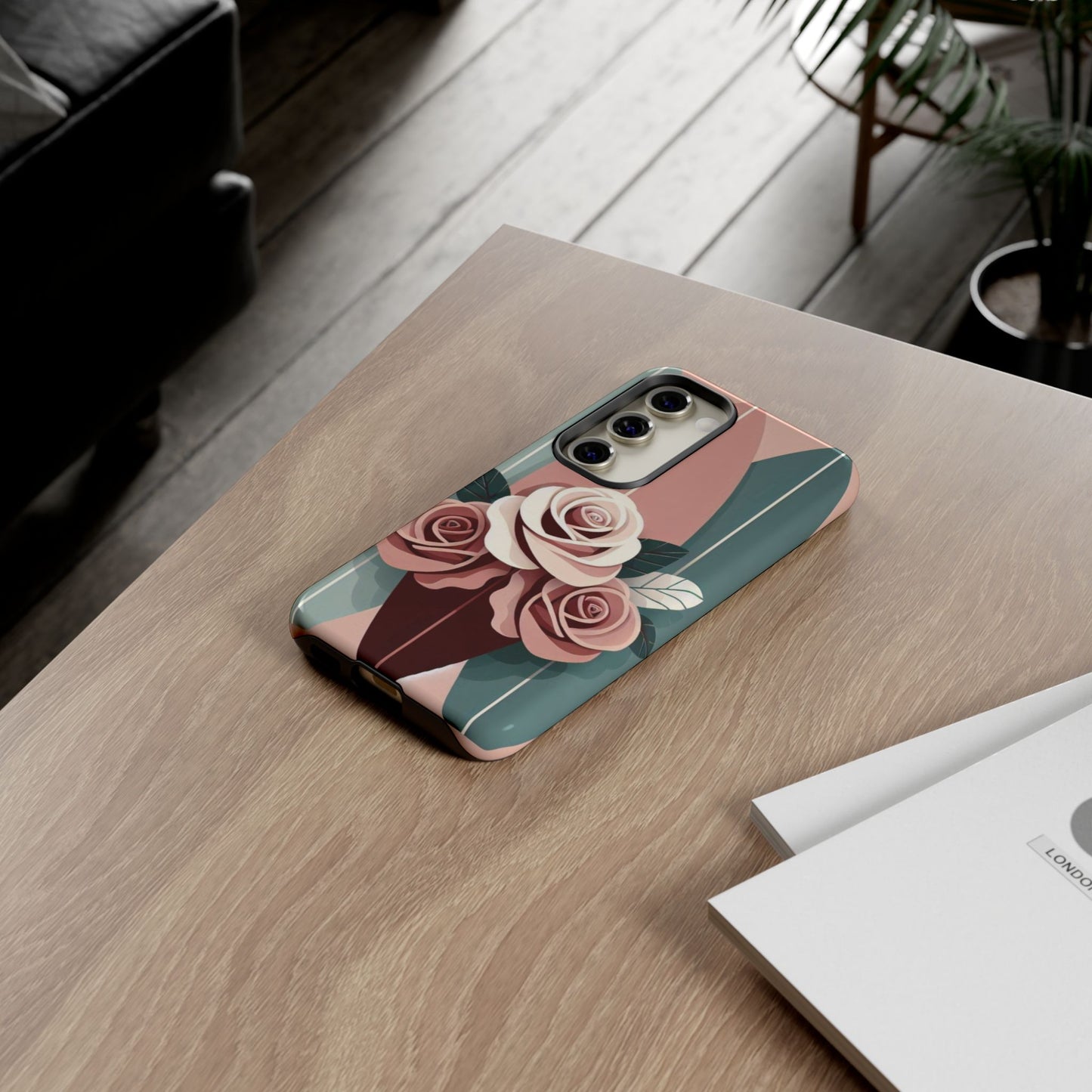 Phone Case - Burgundy, Matte Mauve & Teal Surfboard & Roses Design