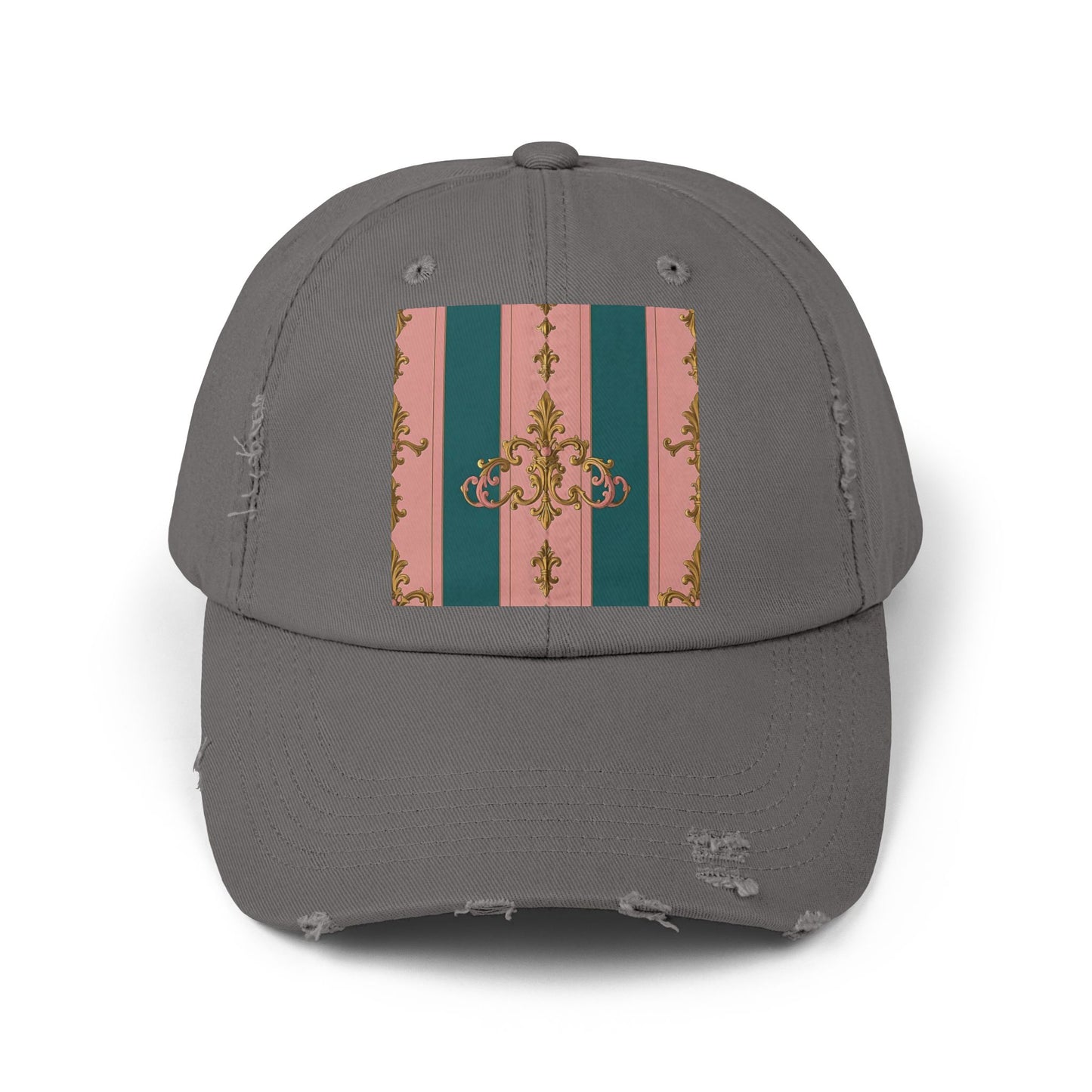 Chic Vintage Distressed Cap, Trendy Unisex Baseball Hat, Fashionable Everyday Wear - Pink & Teal Striped Gold Baroque