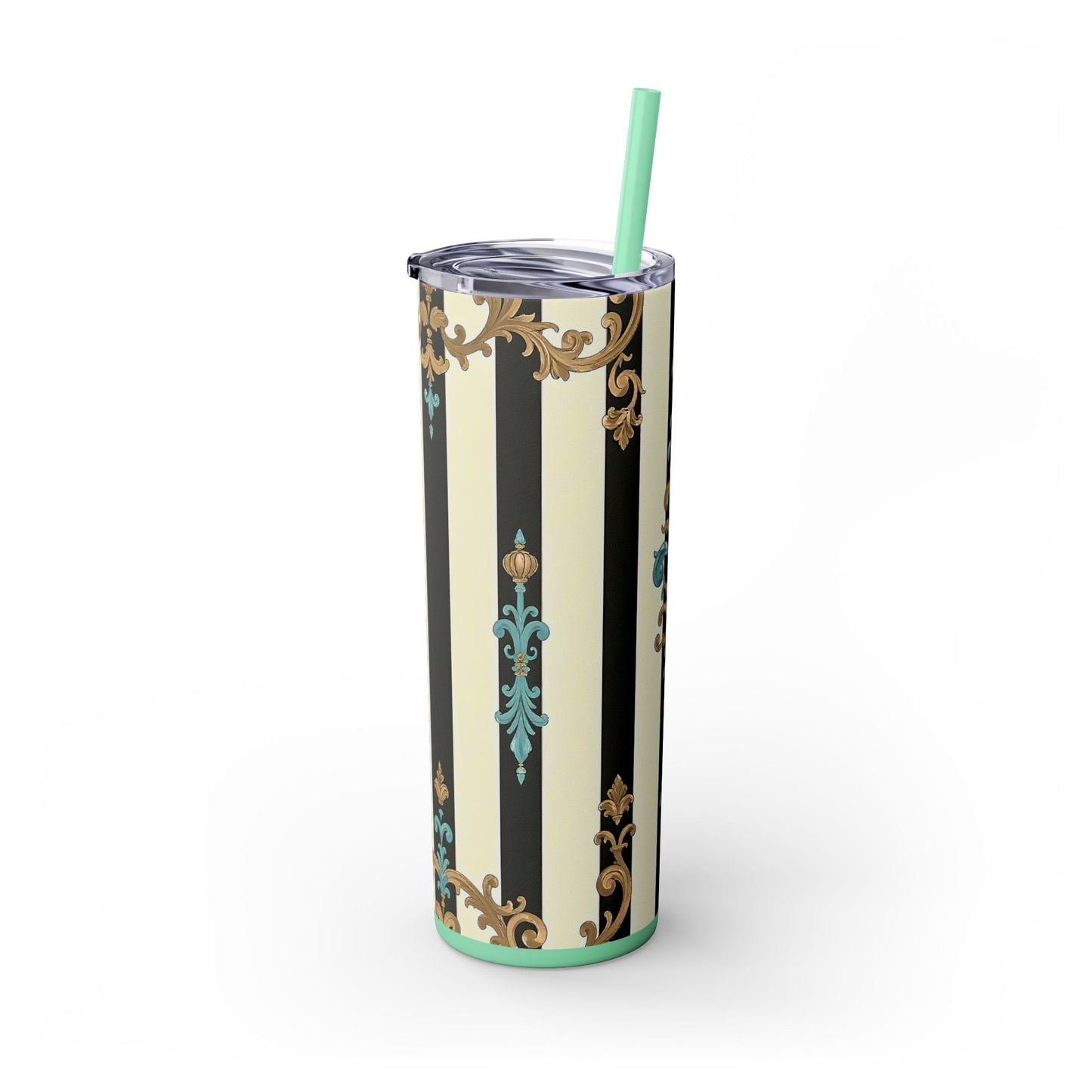 Elegant Stripe Skinny Tumbler | 20oz | Ideal Gift for Home, Office, Travel, Party, or Everyday Use - Black Striped Turquoise & Black Rococo
