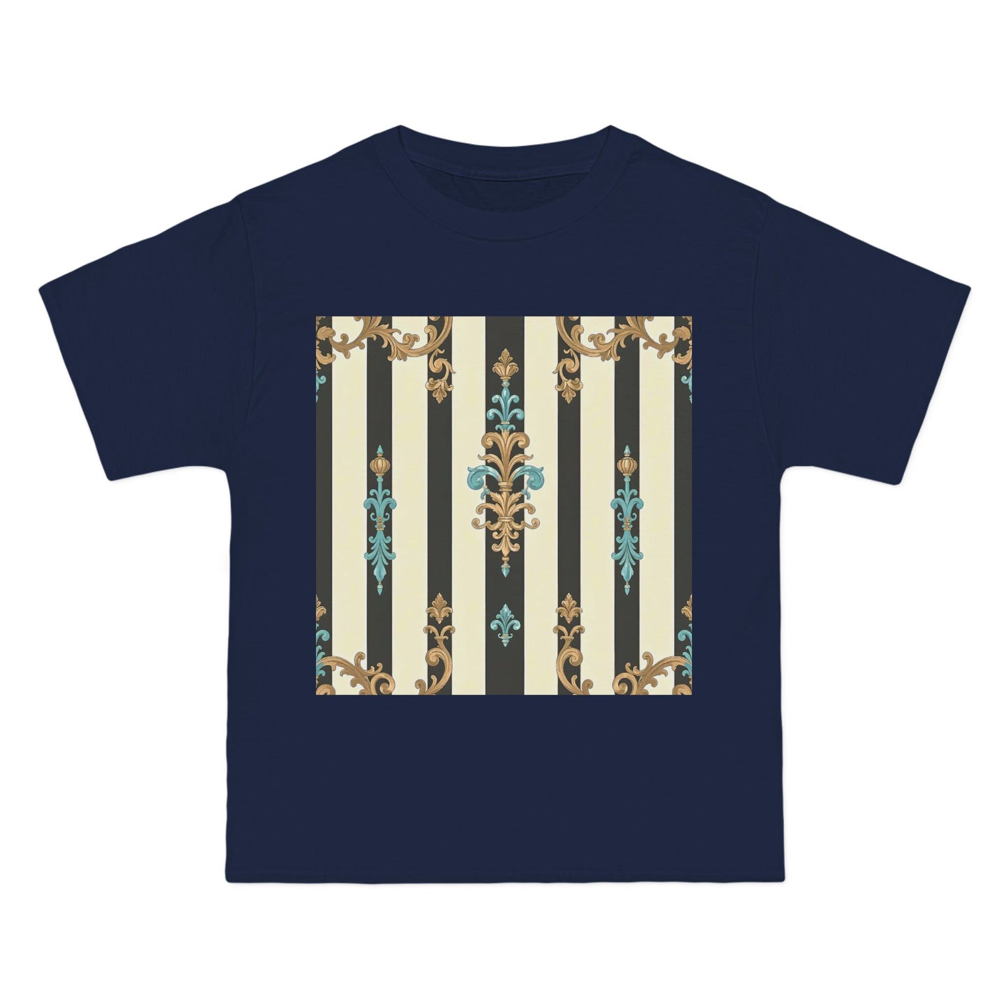 Elegant Floral Pattern Tee, Vintage Style T-Shirt, Gift for Her, Casual Outfit - Black Striped Turquoise & Black Rococo
