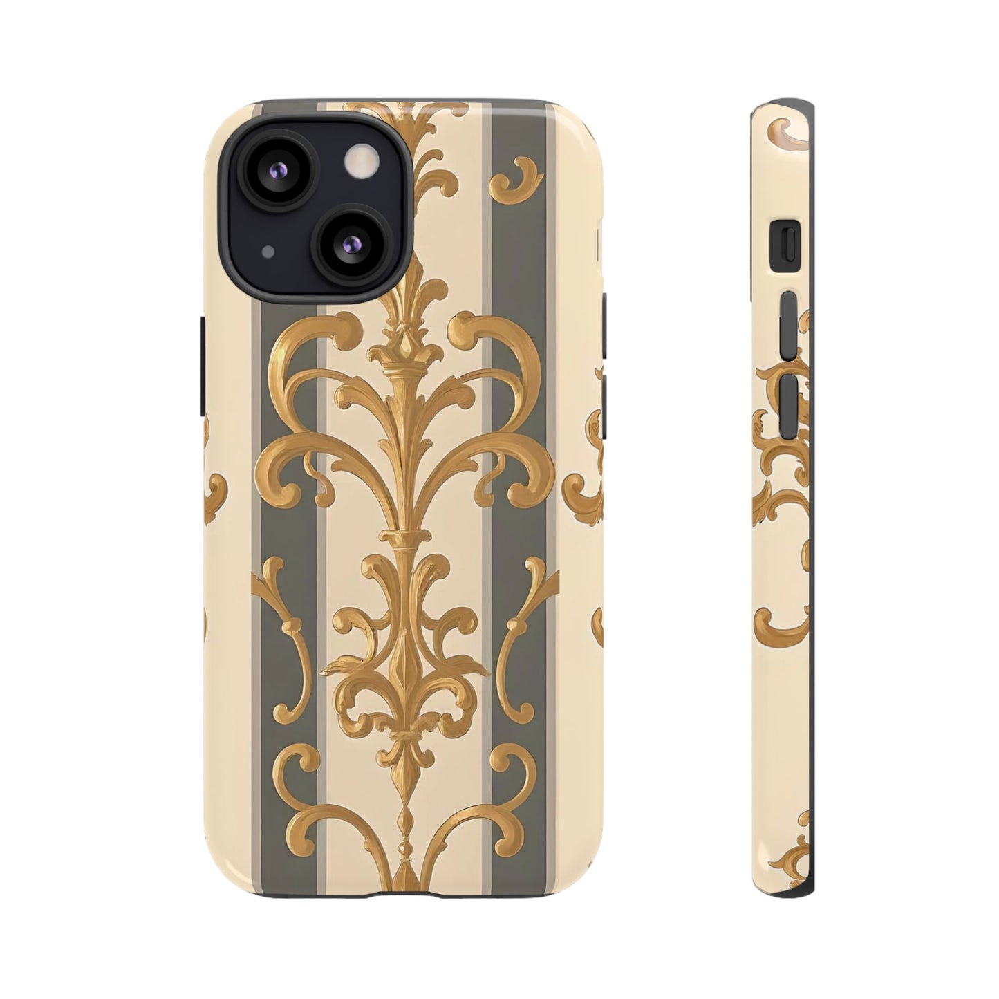 Elegant Floral Motif Phone Case - Tough Cases with Vintage Design - Dusk Olive Striped Gold Damask