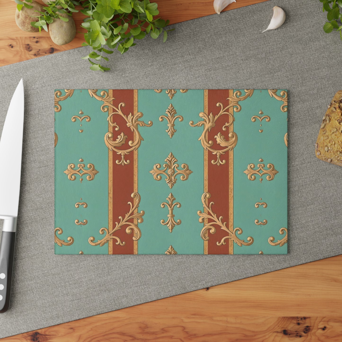 Elegant Decorative Glass Cutting Board, Kitchen Decor, Gift for Chefs, Home Decor, Wedding Gift - Rust & Mint Aqua Striped Baroque