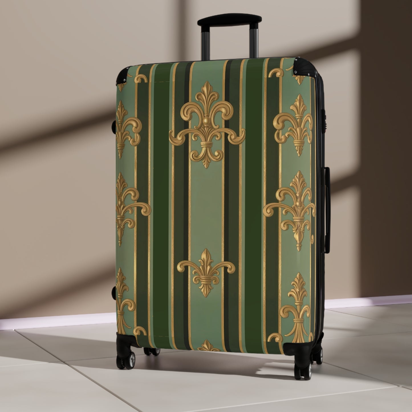 Elegant Travel Suitcase with Vintage Design, Personalized Luggage for Travelers, Monogrammed Carry-On - Green Striped Gold Baroque