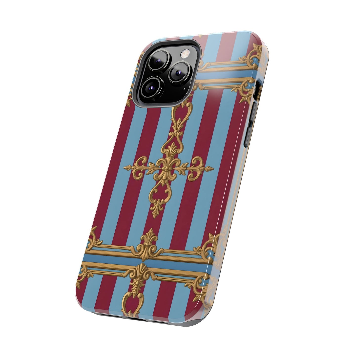 Elegant Patterned Tough Phone Cases, Stylish Phone Cover, Durable Phone Protection, Unique Gift Idea - Sky Blue & Maroon Striped Baroque