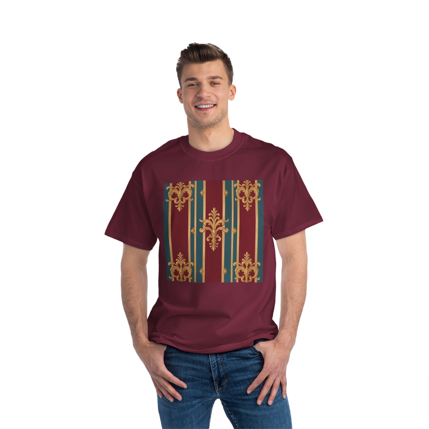 Elegant Vintage Patterned Beefy-T® Short-Sleeve T-Shirt | Casual Wear, Summer Tops, Unique Gift - Burgundy Striped Gold Baroque