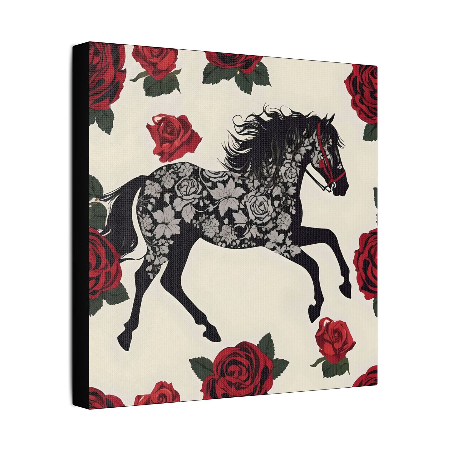 Art Print Canvas, Wall Decor, Satin Stretched Canvas, Equestrian Art, Office Decor, Home Decor - Horse & Roses