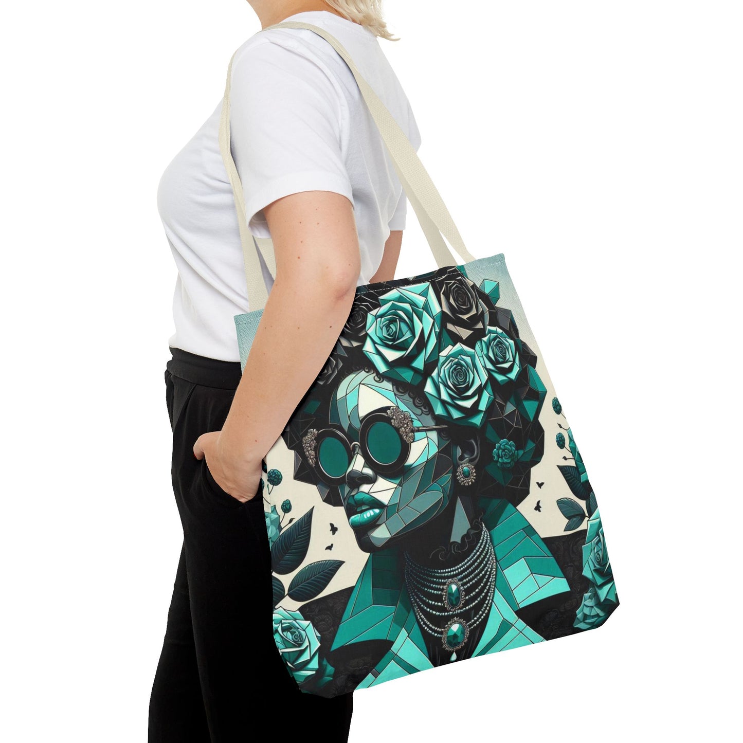 Chic Floral Tote Bag - Stylish Eco-Friendly Handbag for Everyday Use, Perfect for Gifts, Shopping, Beach, Art Lovers - Turquoise & Black Roses Lady
