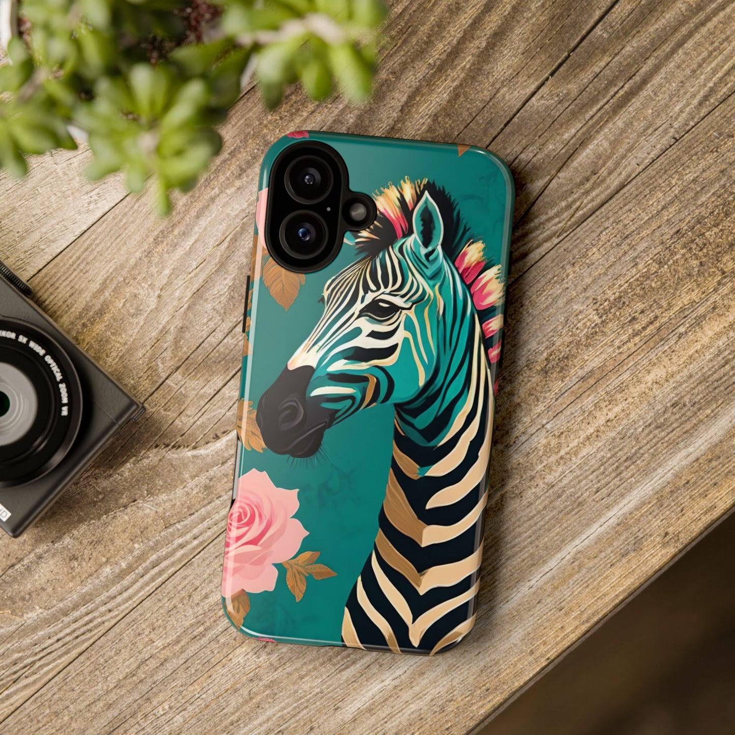 Phone Case - Elegant Teal & Gold Zebra & Roses Design