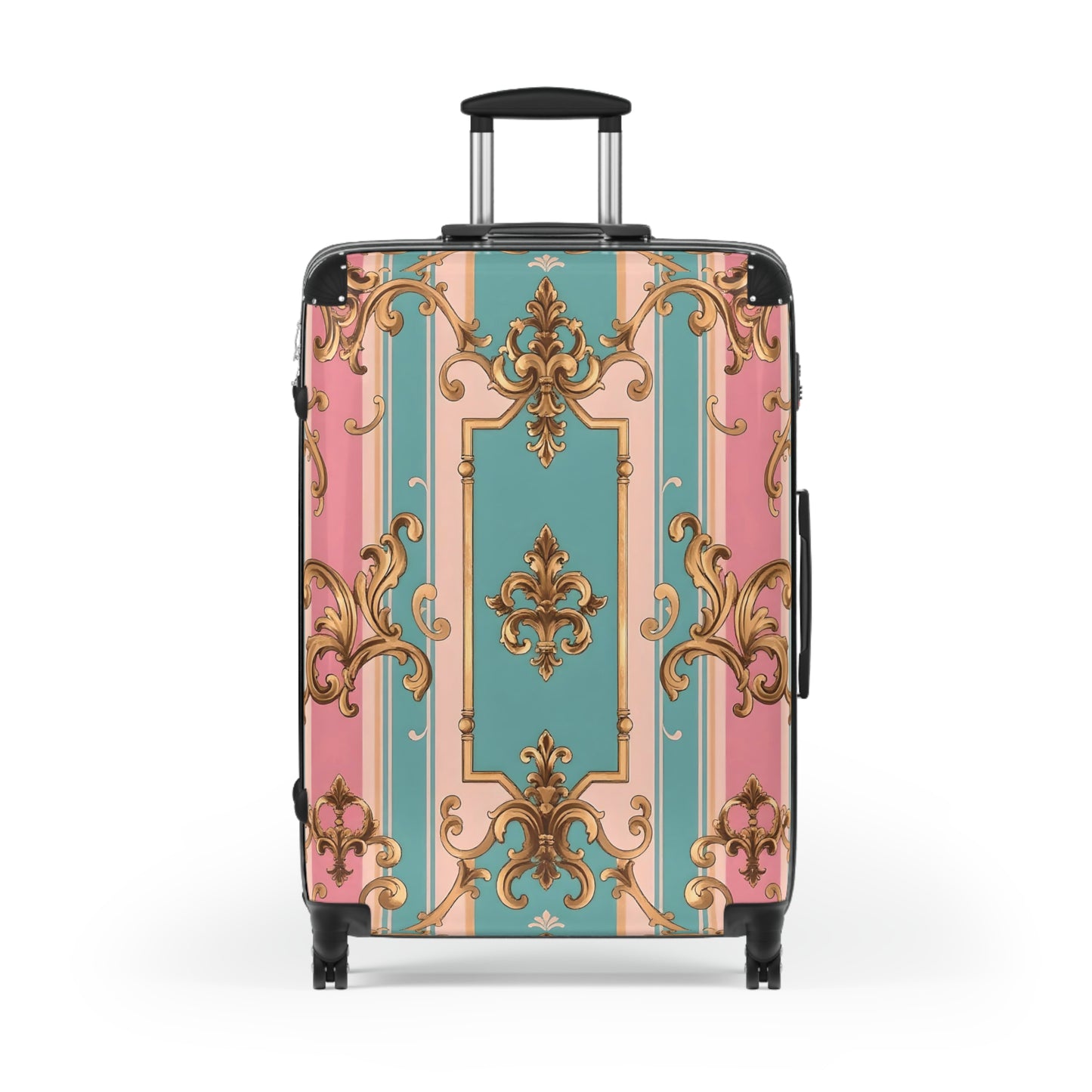 Chic Travel Suitcase - Stylish Carry-On Luggage for Jetsetters, Vacation Days, Weekend Getaways - Pink & Matte Turquoise Striped Rococo
