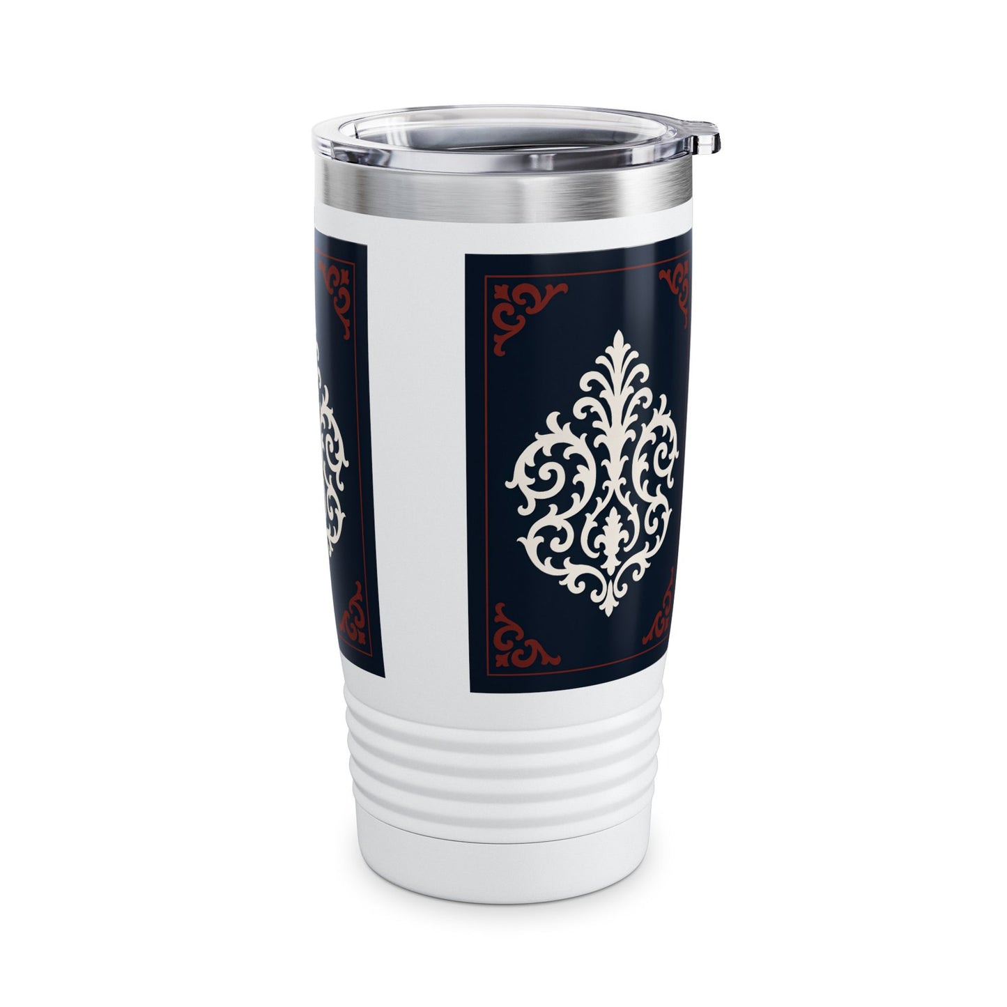 Dusk Blue-Maroon & White Baroque 20oz Ringneck Tumbler with Classic Baroque Design — Elegant Travel Mug