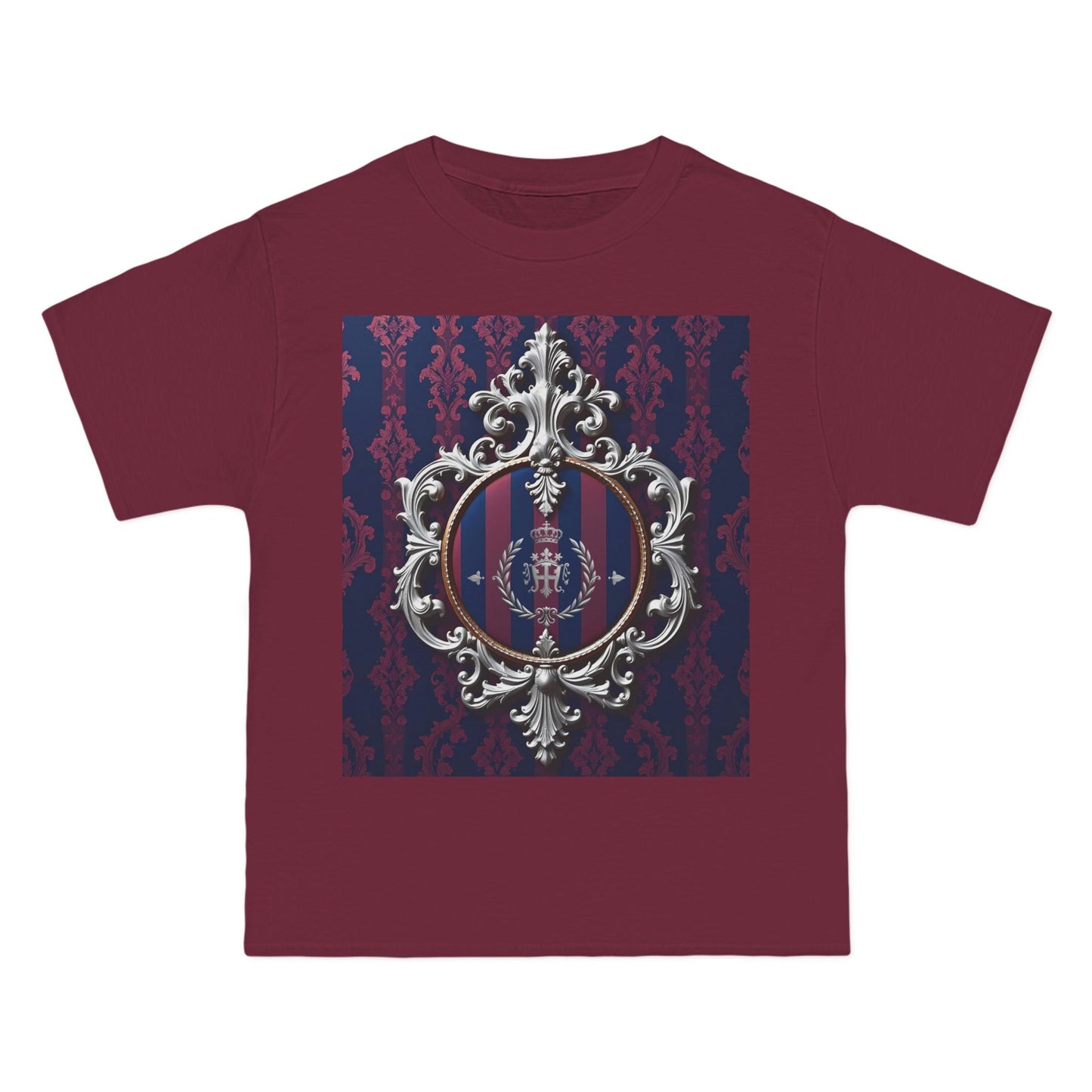 Elegant Unisex Graphic T-Shirt - Vintage Inspired, Casual Wear, Unique Gift, Art Tee, Fashion Statement - Blue & Plum Striped Silver Crest