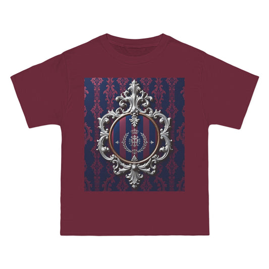 Elegant Unisex Graphic T-Shirt - Vintage Inspired, Casual Wear, Unique Gift, Art Tee, Fashion Statement - Blue & Plum Striped Silver Crest
