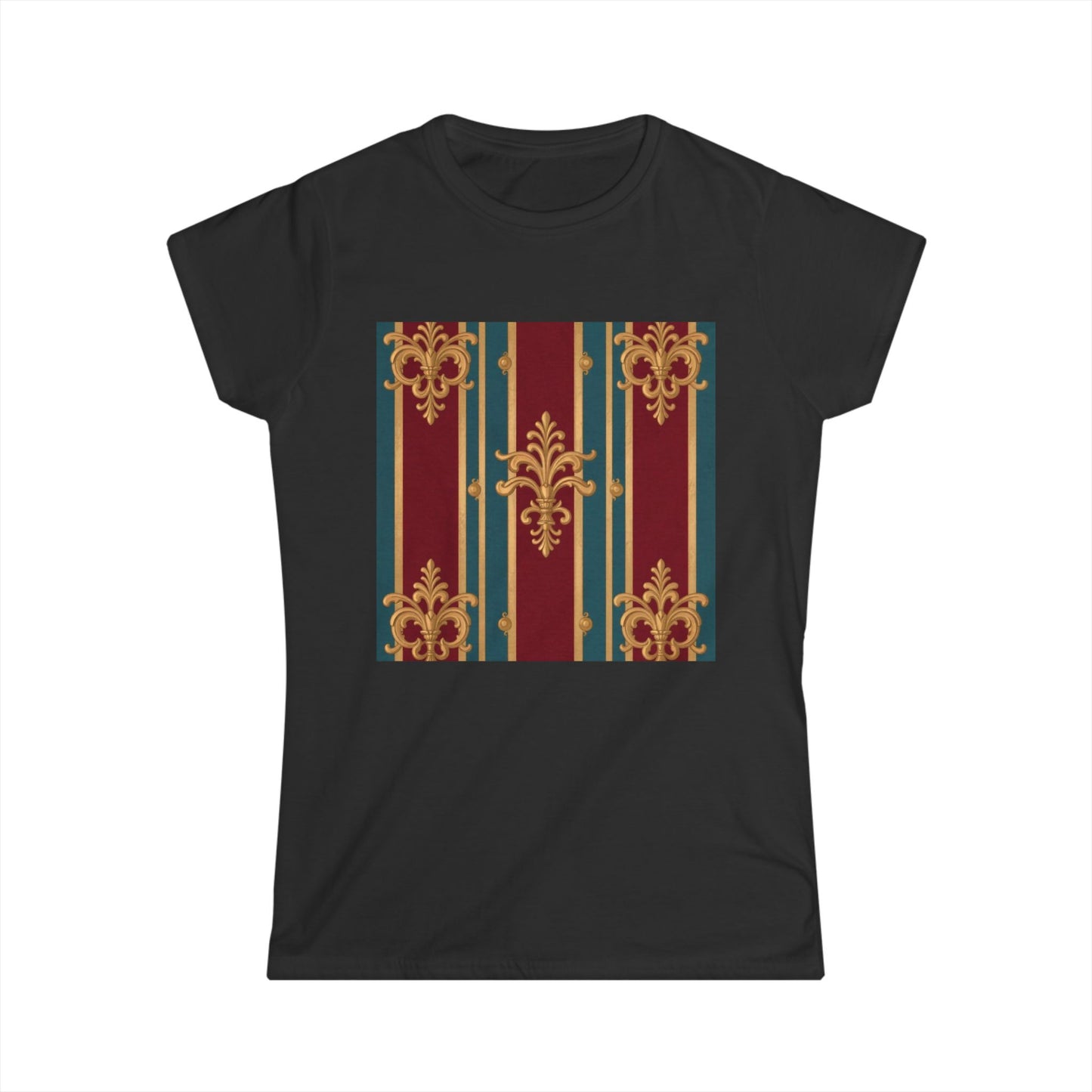 Elegant Floral Design Women's Softstyle Tee - Casual Wear, Gift for Her, Birthday, Summer Fashion - Burgundy Striped Gold Baroque