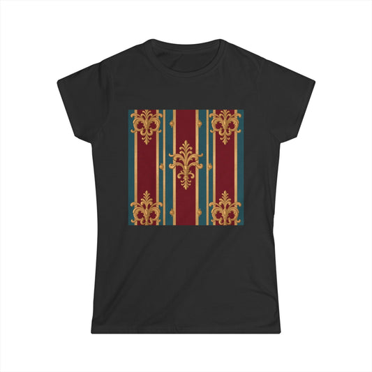 Elegant Floral Design Women's Softstyle Tee - Casual Wear, Gift for Her, Birthday, Summer Fashion - Burgundy Striped Gold Baroque