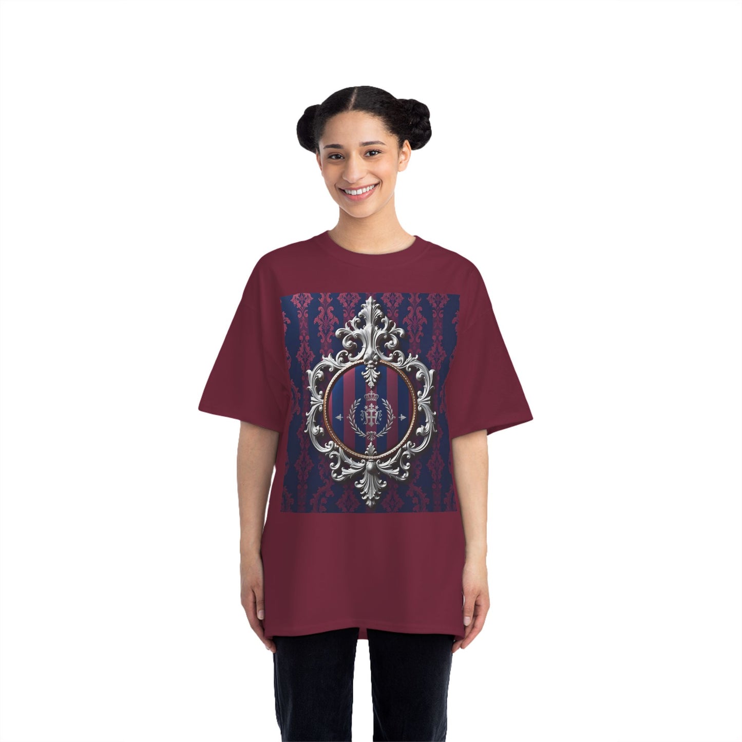 Elegant Unisex Graphic T-Shirt - Vintage Inspired, Casual Wear, Unique Gift, Art Tee, Fashion Statement - Blue & Plum Striped Silver Crest