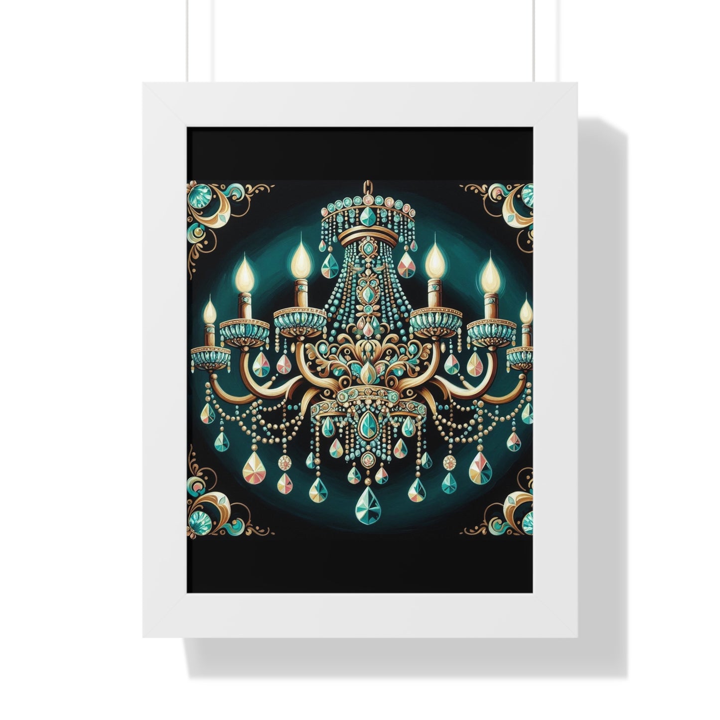 Elegant Chandelier Art Print, Framed Vertical Poster, Home Decor, Wall Art, Gift for Her, Luxury Interior Decoration - Teal Jeweled Chandelier