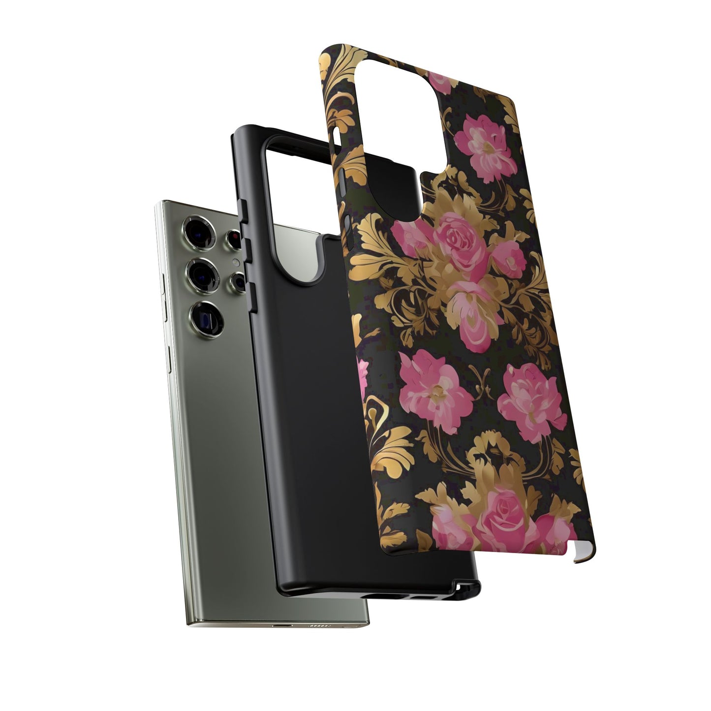 Elegant Floral Motif Phone Case - Tough Cases with Vintage Design - Pink & Gold Roses