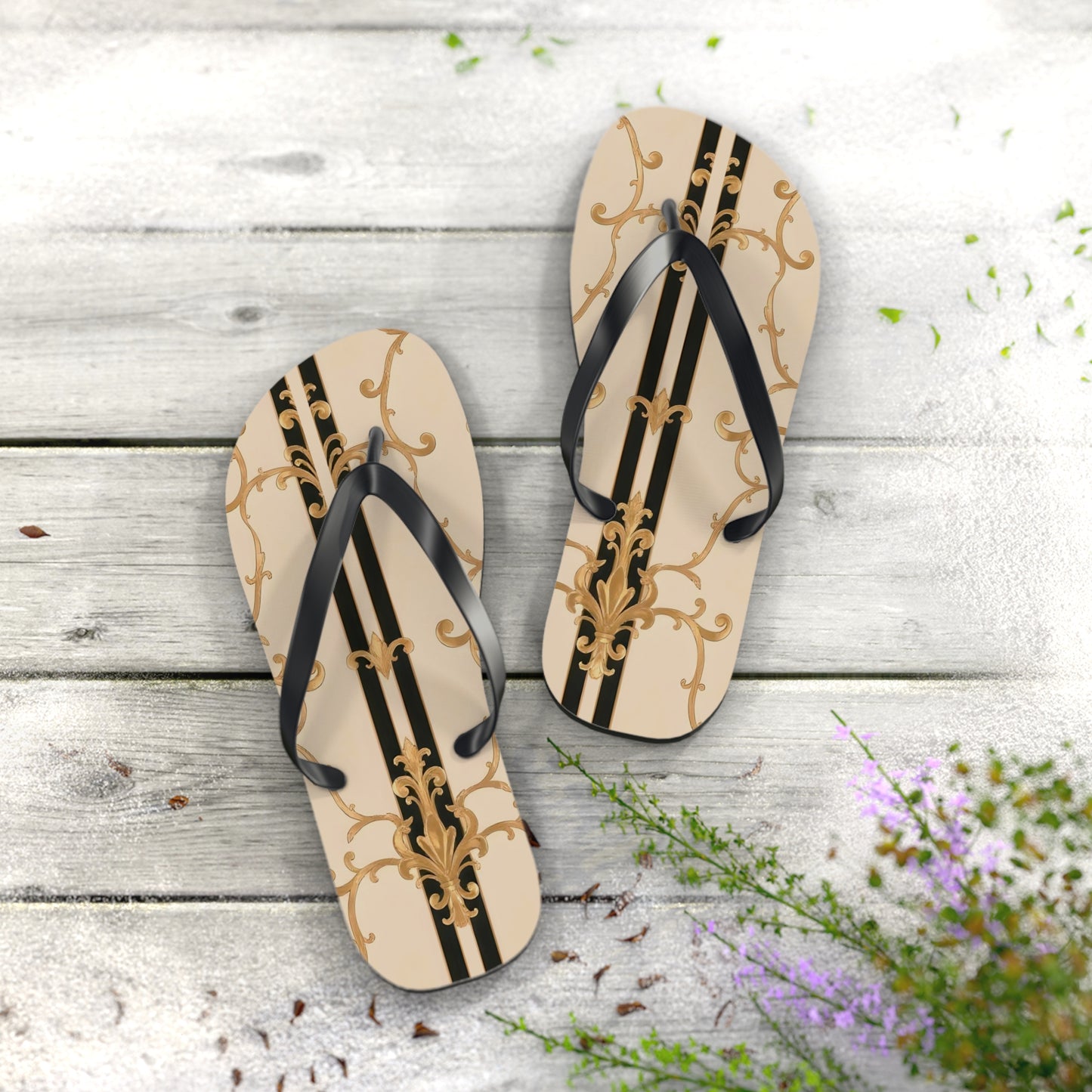 Chic Floral Flip Flops | Stylish Summer Sandals for Beach, Pool, Vacation, Travel, Fun In The Sun - Black & Beige Striped Damask