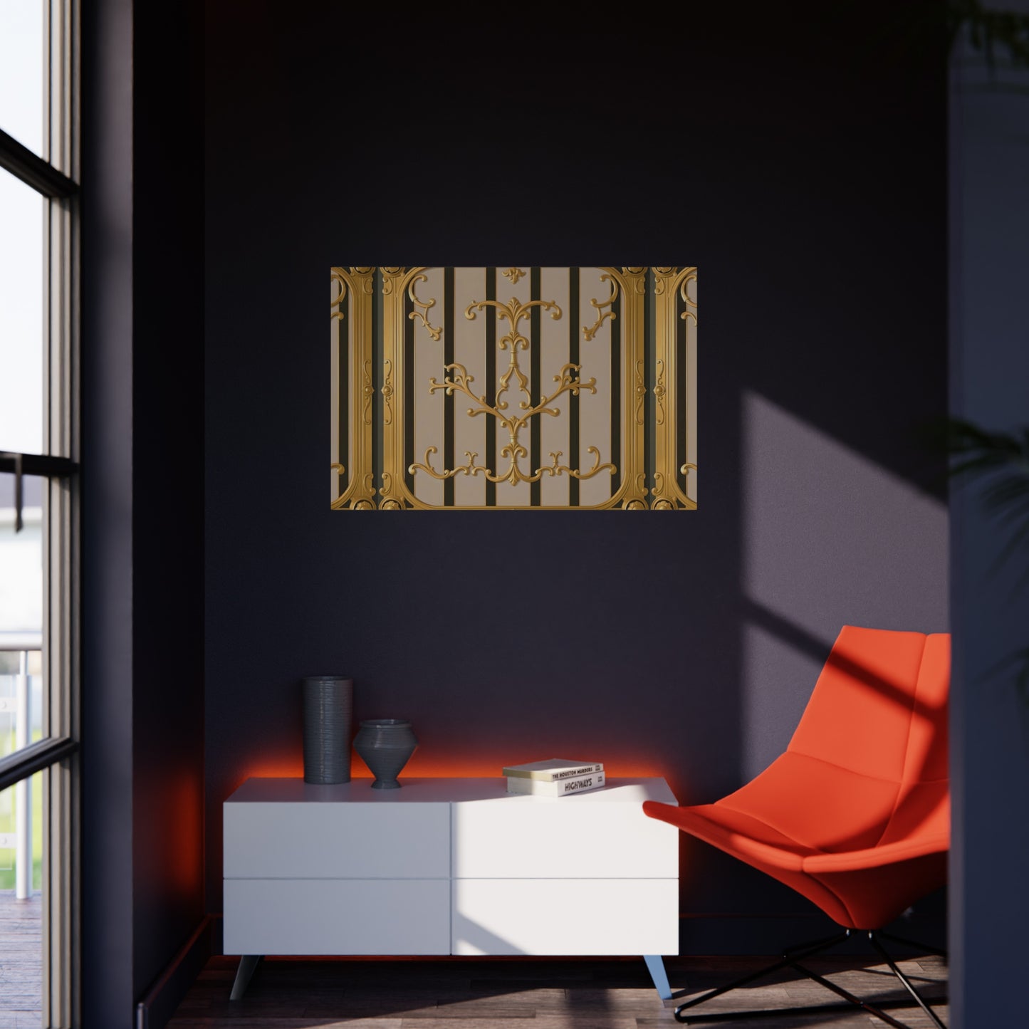 Ornate Foam Board Wall Art, Elegant Home Decor, Decorative Foam Panel, Gift for Homeowners, Wedding Decor Ideas - Beige Striped Gold Rococo