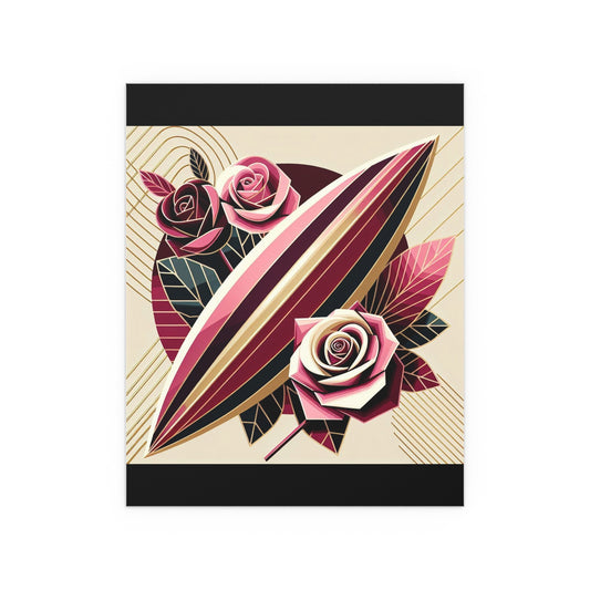 Elegant Floral Silk Poster - Indoor/Outdoor Wall Art for Home Decor - Pink & Burgundy Striped Surfboard & Roses