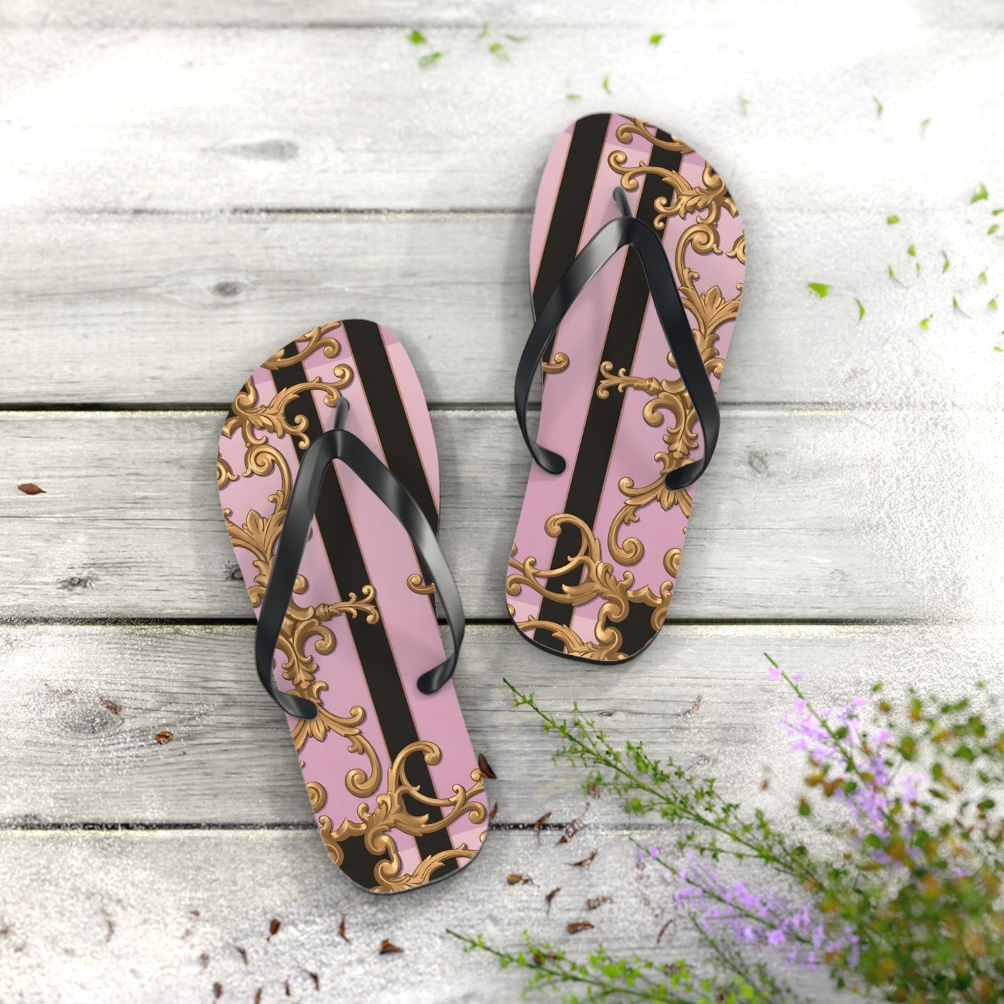 Chic Floral Flip Flops, Summer Sandals, Beach Footwear, Vacation Style, Poolside Essentials - Matte Lavender & Black Striped Gold Baroque