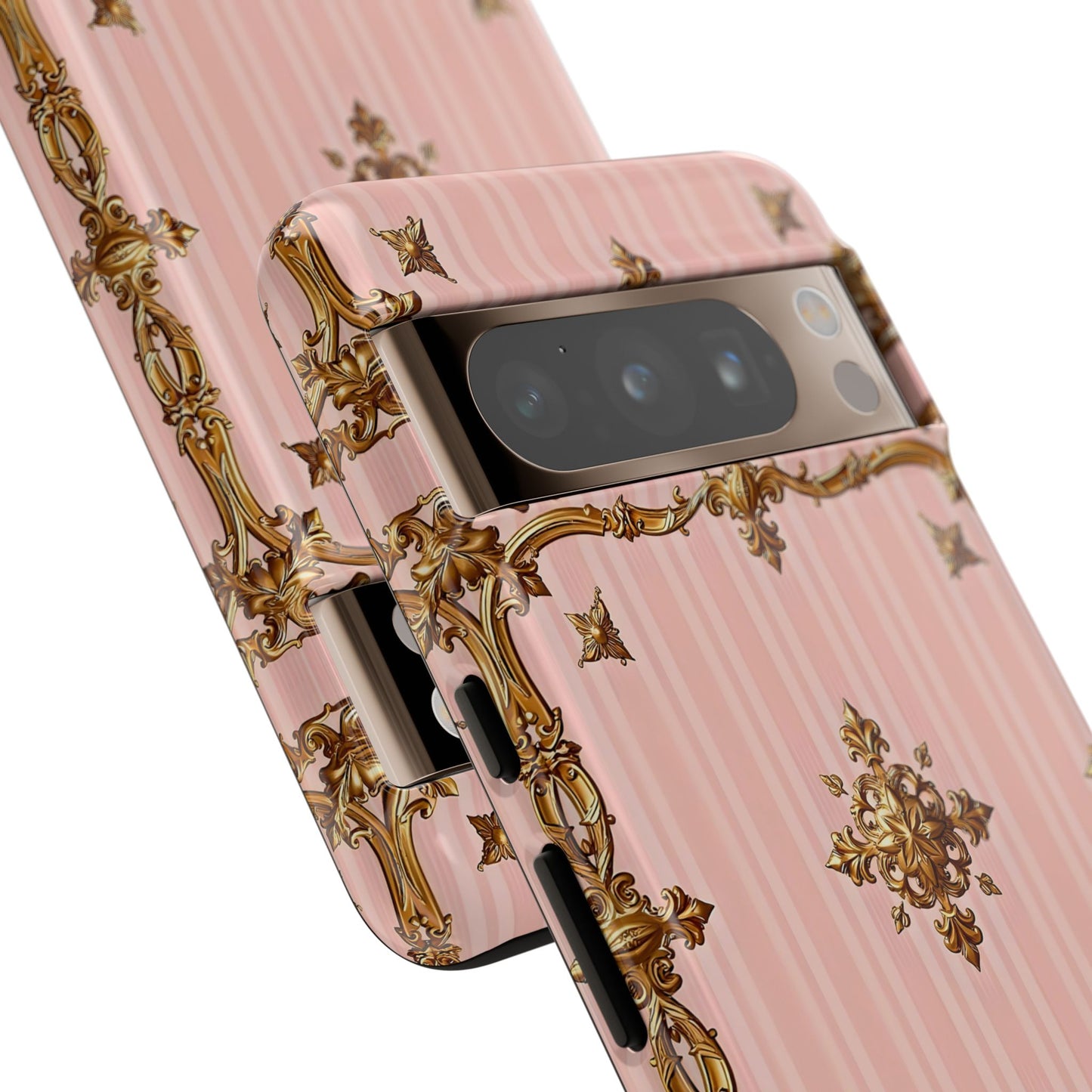 Elegant Floral Phone Case, Tough Cases for Women, Trendy Phone Cover, Chic Gift - Pink Striped Gold Baroque