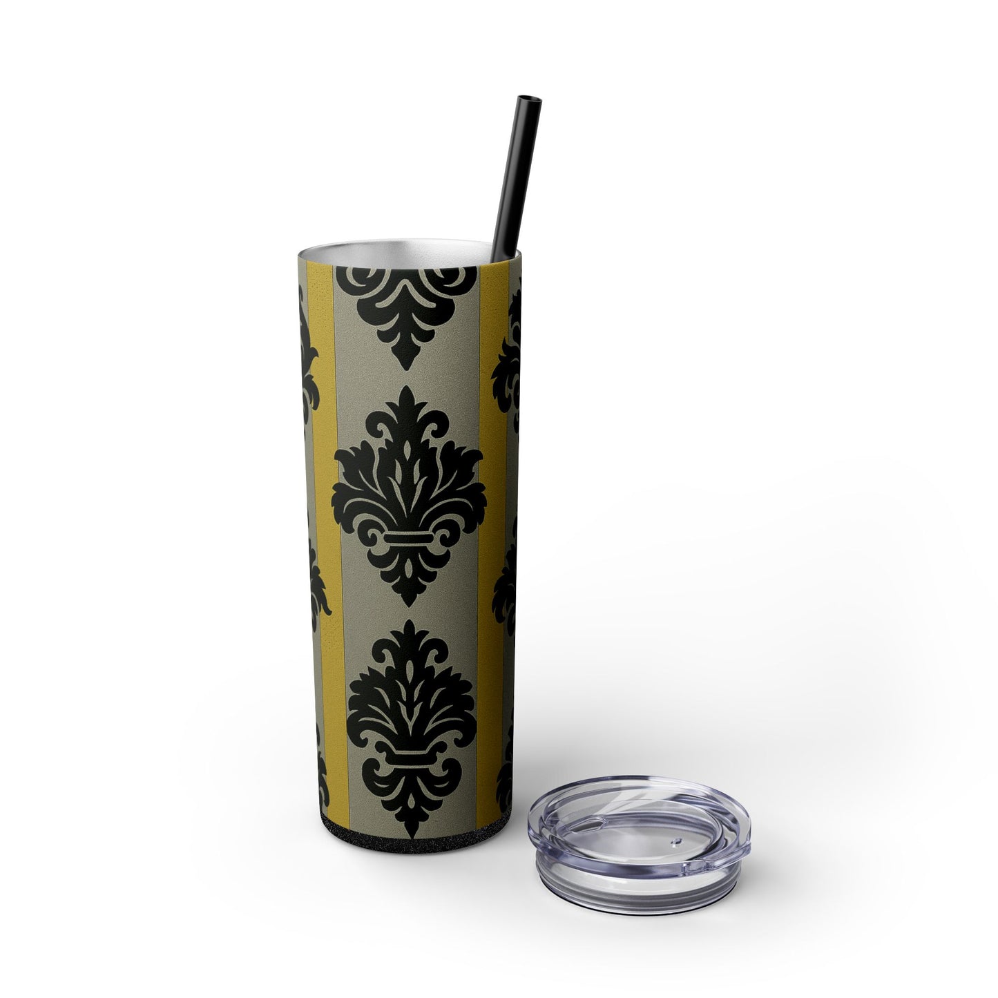 Elegant Baroque Skinny Tumbler, 20oz Travel Mug, Stylish Drinkware for Home or Office, Unique Gift for Her - Silver & Gold Striped Black Baroque