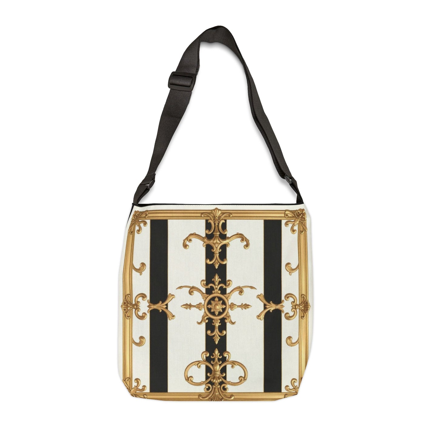 Elegant Vintage-Inspired Adjustable Tote Bag, Fashion Accessories, Daily Use, Gift for Her, Trendy Bag - Black & White Striped Gold Baroque