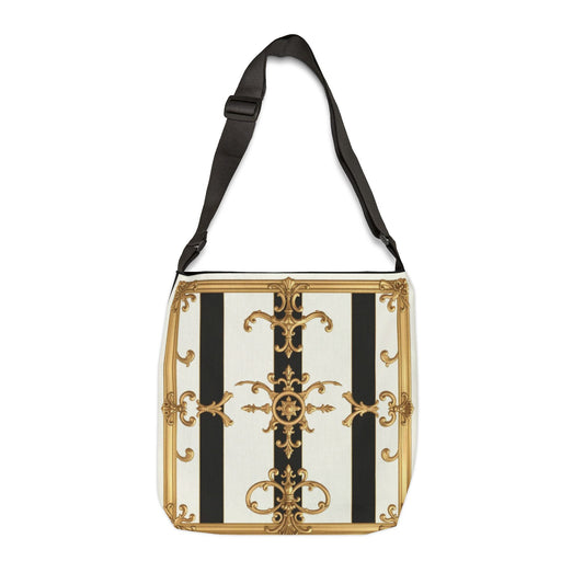 Elegant Vintage-Inspired Adjustable Tote Bag, Fashion Accessories, Daily Use, Gift for Her, Trendy Bag - Black & White Striped Gold Baroque