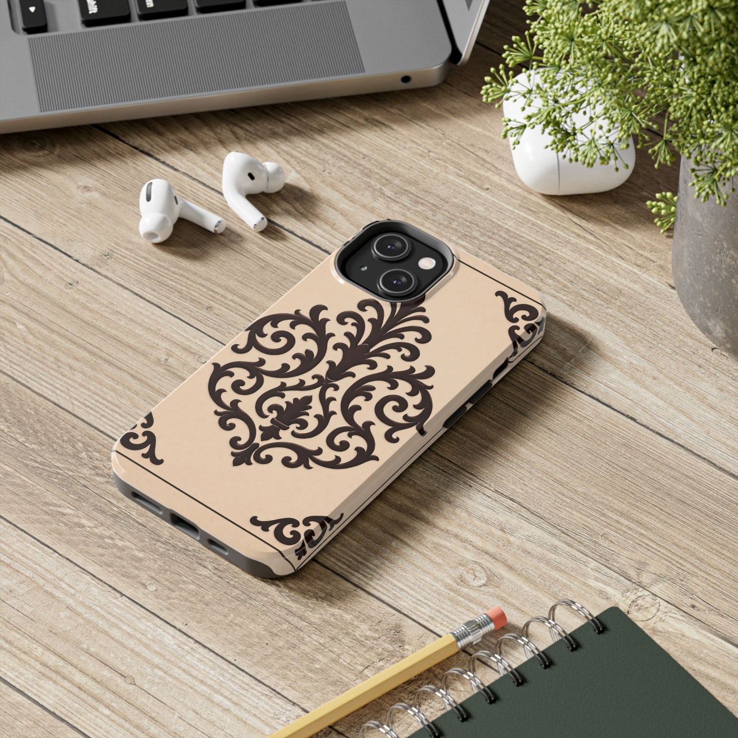 Almond-Beige & Brown Baroque Tough Phone Case — Elegant Beige & Brown Protective Cover