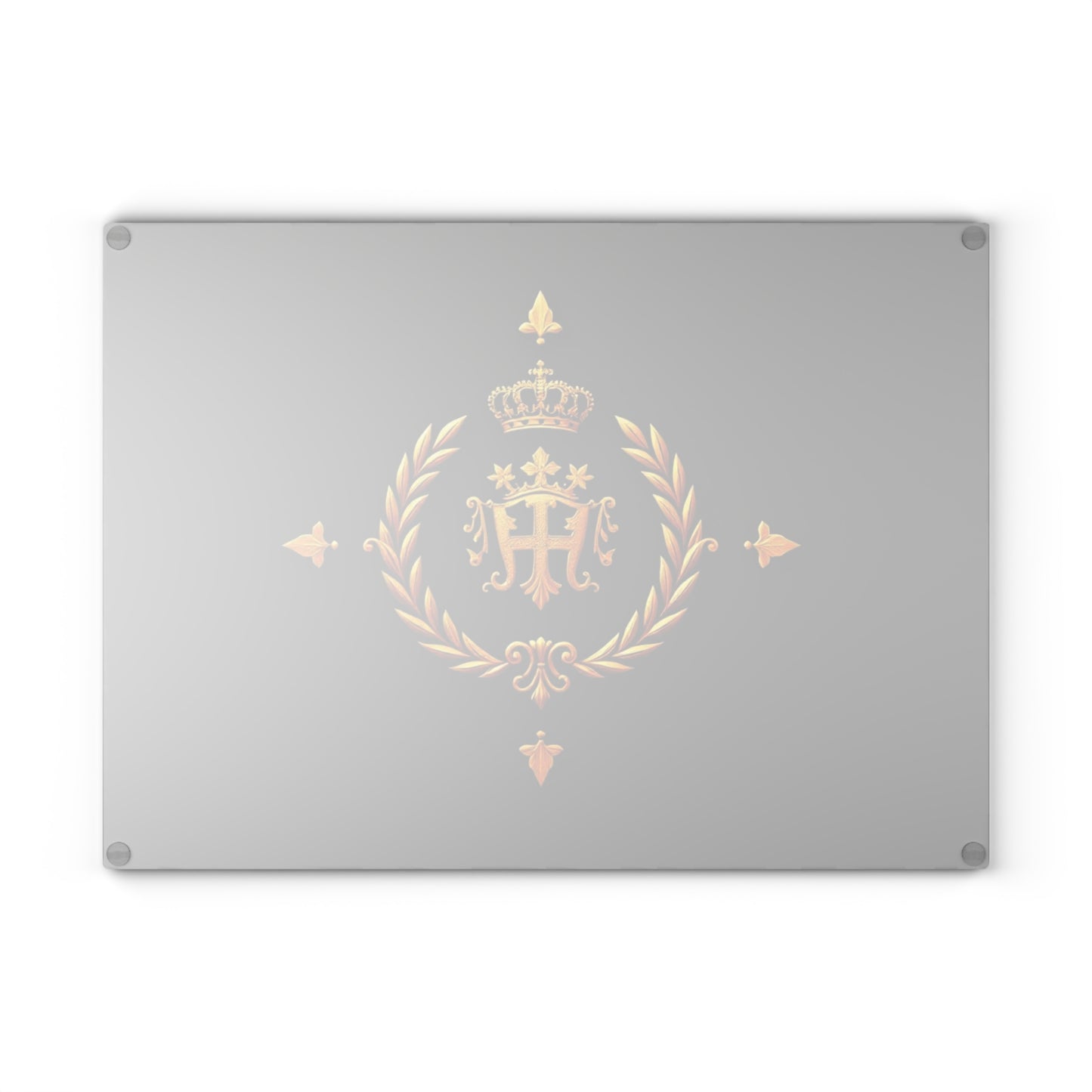 Elegant Glass Cutting Board with Crown and Laurel Design, Kitchen Decor, Gift for Chefs, Housewarming, Weddings - Gold Crest