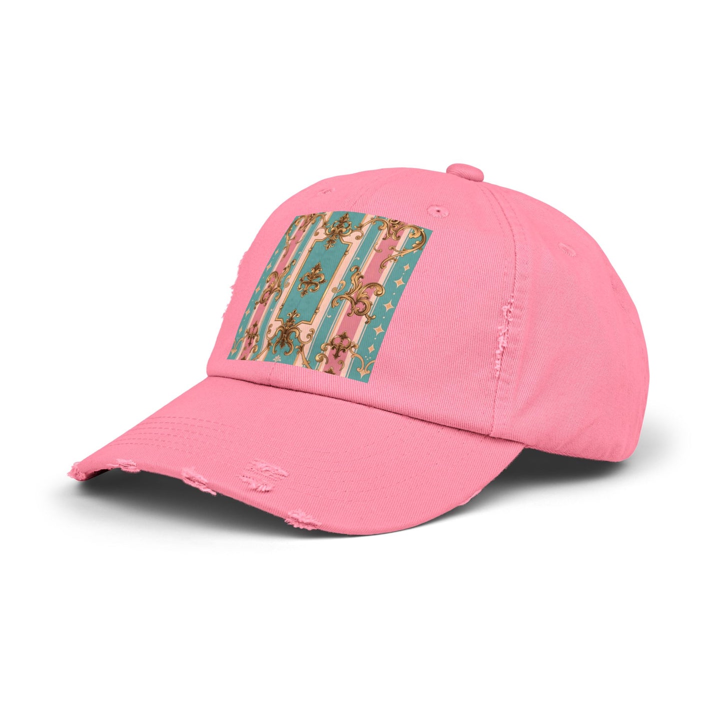 Stylish Unisex Distressed Cap with Floral Pattern, Casual Hat, Trendy Headwear, Summer Accessory - Pink & Matte Turquoise Striped Rococo
