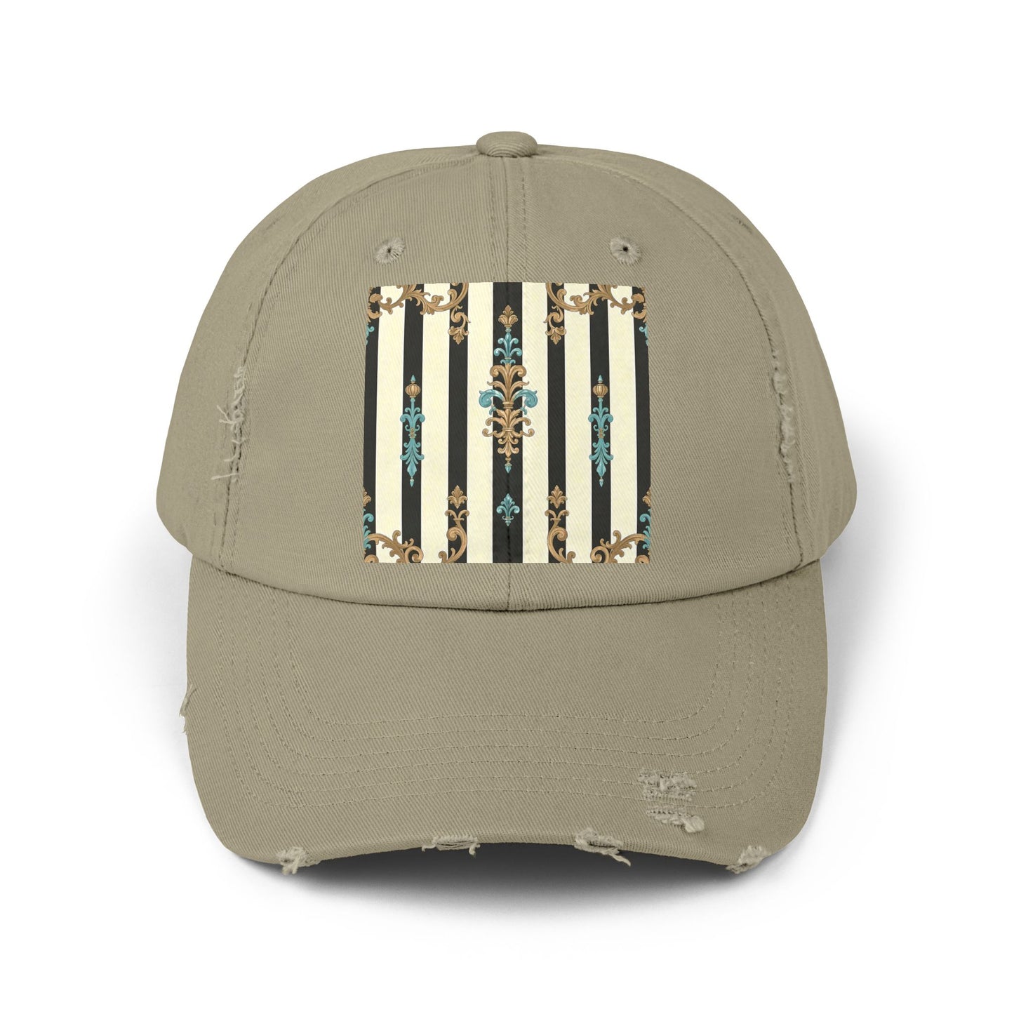 Trendy Distressed Cap for Fashion Lovers, Casual Cap, Gift for Him, Gift for Her - Black Striped Turquoise & Black Rococo