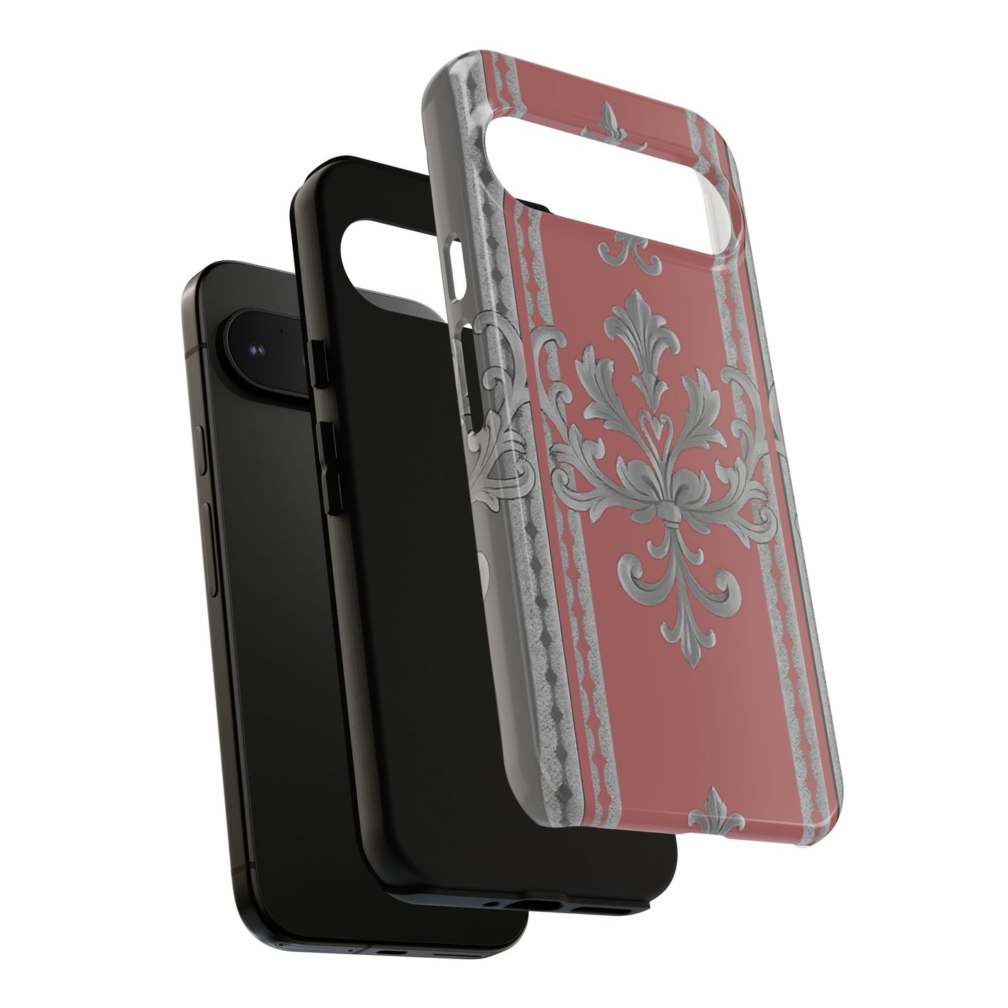 Elegant Floral Phone Case - Tough Cases for Stylish Protection - Gray & Mauve Striped Baroque