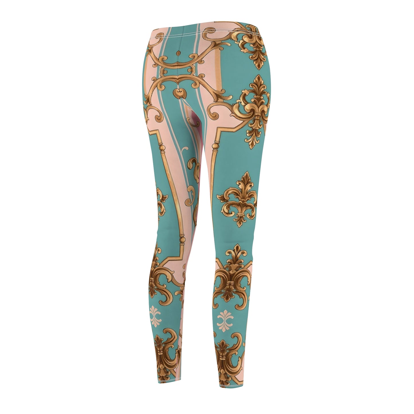 Elegant Floral Pattern Women's Casual Leggings, Chic Workout Leggings, Fashionable Athleisure - Pink & Matte Turquoise Striped Rococo