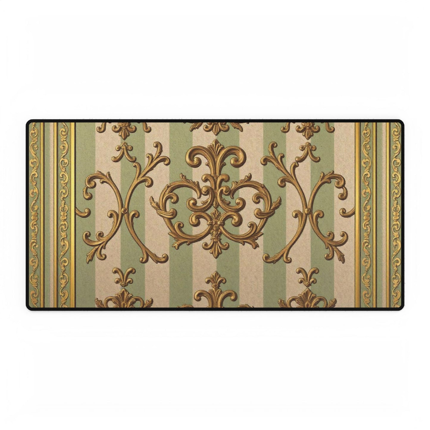 Elegant Vintage Desk Mat, Luxurious Desk Pad for Home Office, Stylish Keyboard Mat, Computer Mouse Pad - Mint Green & Beige Striped Gold Baroque