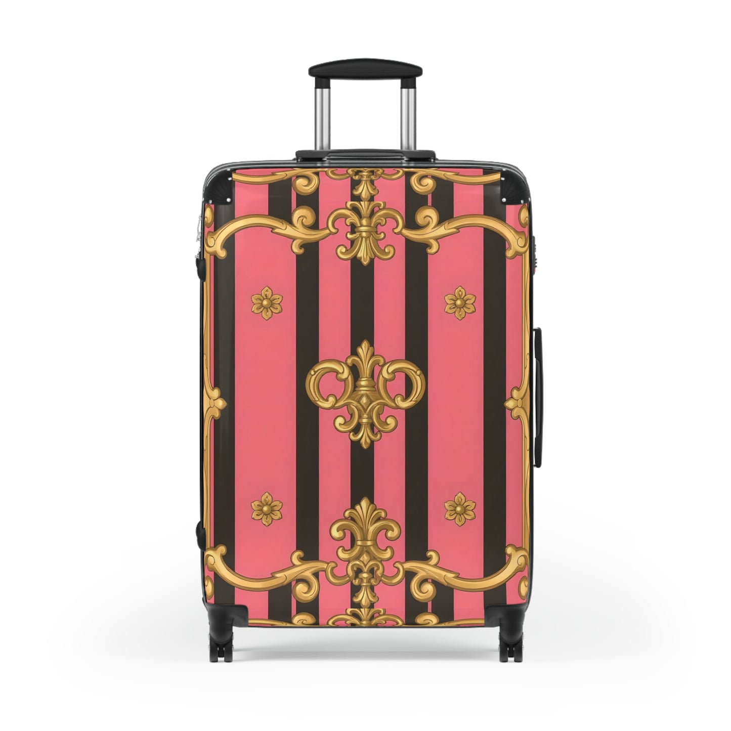 Stylish Pink Striped Suitcase with Gold Accents, Travel Luggage, Vacation Bag - Pink & Black Striped Gold Baroque