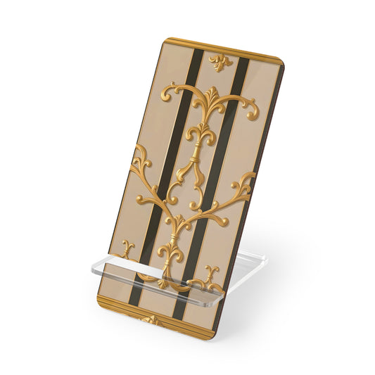 Elegant Mobile Display Stand, Phone Holder, Desk Organizer, Stylish Gadget Accessory - Beige Striped Gold Rococo