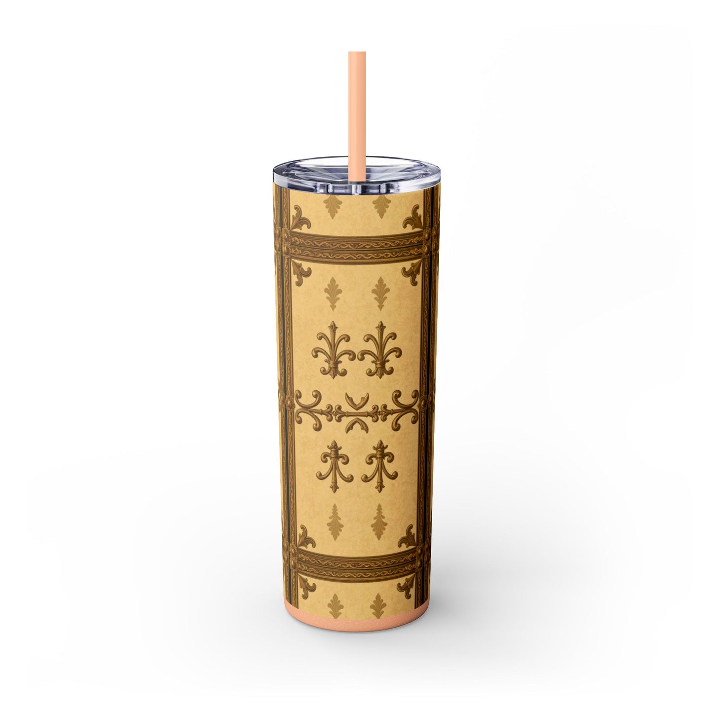 Elegant Vintage Skinny Tumbler, 20oz Insulated Drink Cup, Perfect for Home, Office, Gifts, Holidays, Travel - Matte Yellow Striped Antique Rococo
