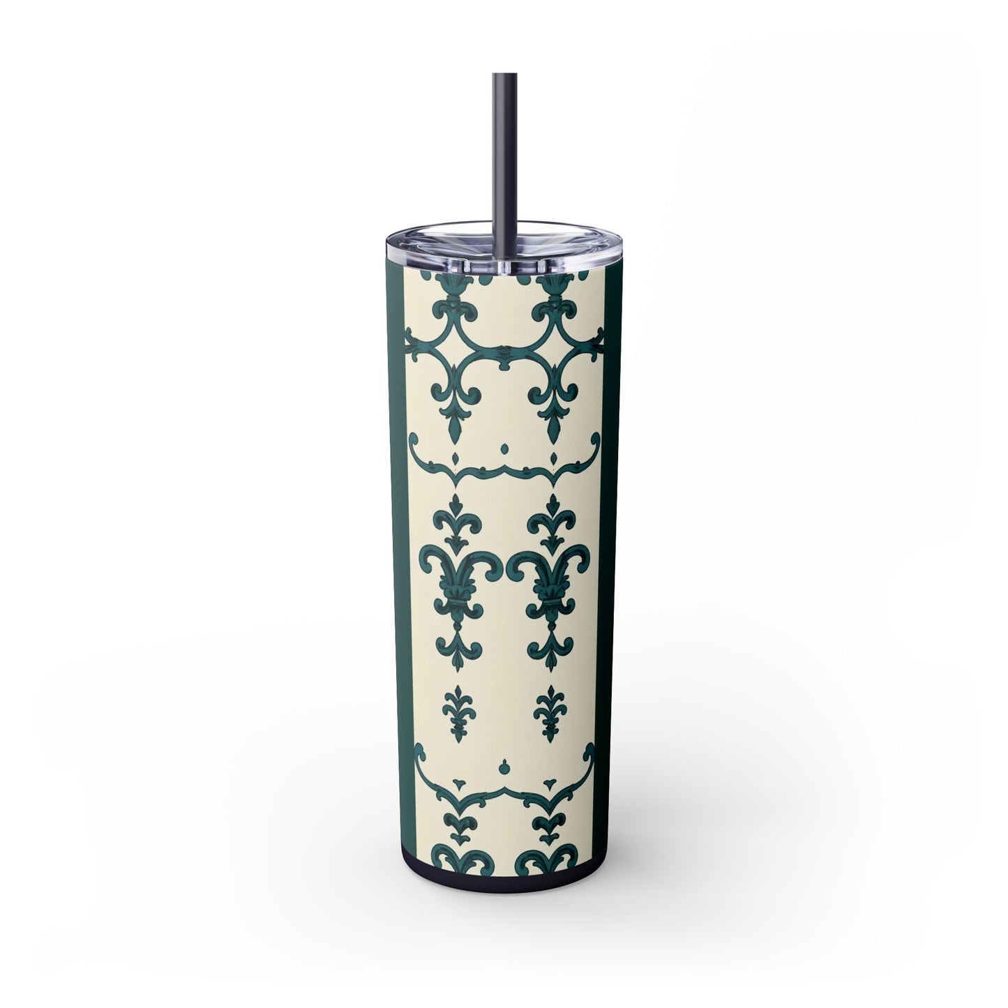 Elegant Floral Skinny Tumbler, 20oz - Stylish Travel Mug for Home, Coffee Lover Gift, Eco-Friendly Drinkware, Party Favor - Teal Striped Rococo
