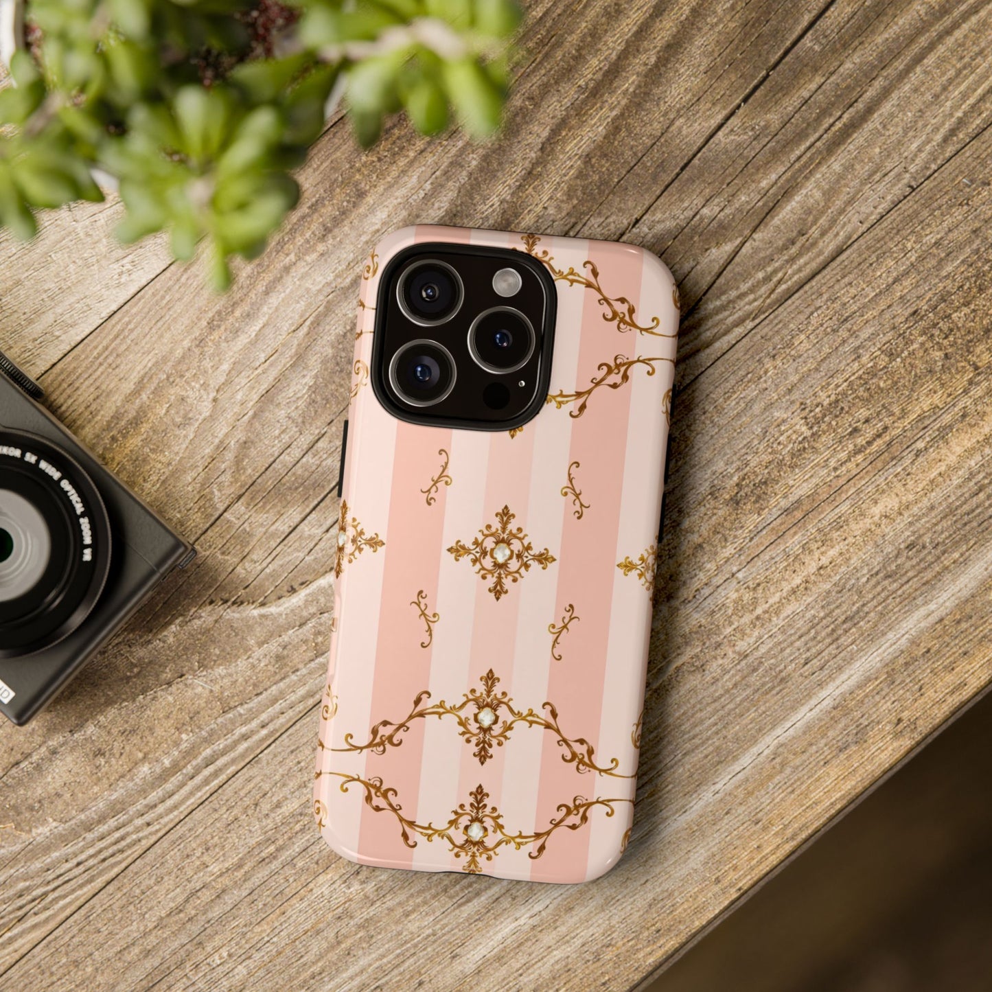 Elegant Floral Phone Case, Tough Cases for Women, Trendy Phone Cover, Chic Gift - Pink Jeweled Striped Gold Baroque